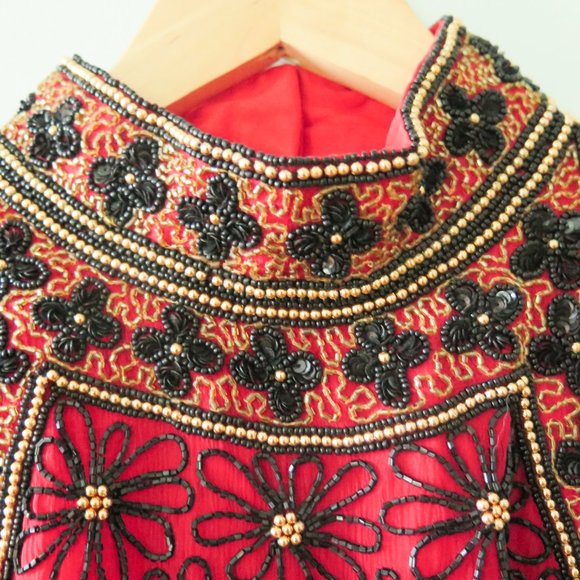 Papell Boutique Silk Evening Red Black Gold Multi-Color Floral Beaded Top - Picture 4 of 9